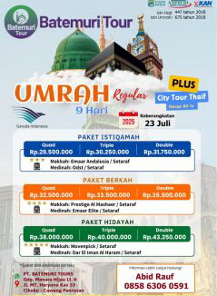 Umroh Reguler, Paket Istiqamah, Paket Berkah, Paket Hidayah,  9 hari ,Plus Thaif, Btt – Duta Sahara, Keberangkatan 23 Juli  2025 